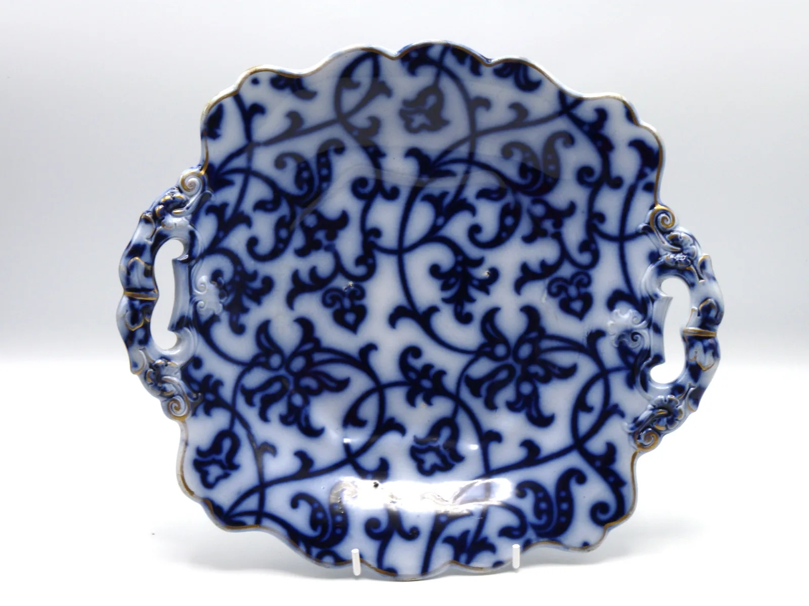 Flow Blue Handled Cake Plate - Royal Lily