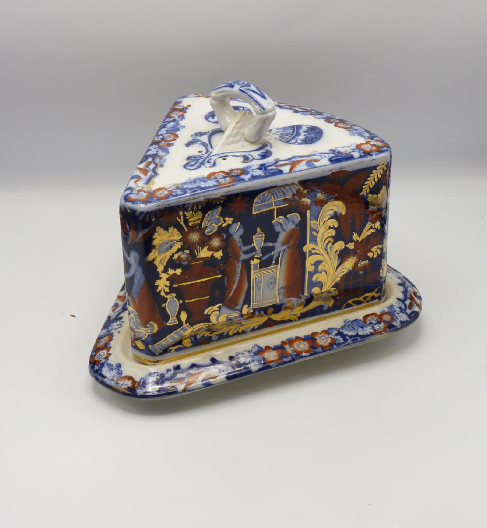 Stunning Flow Blue Polychrome Victorian Cheese Dish -Wedge Shape