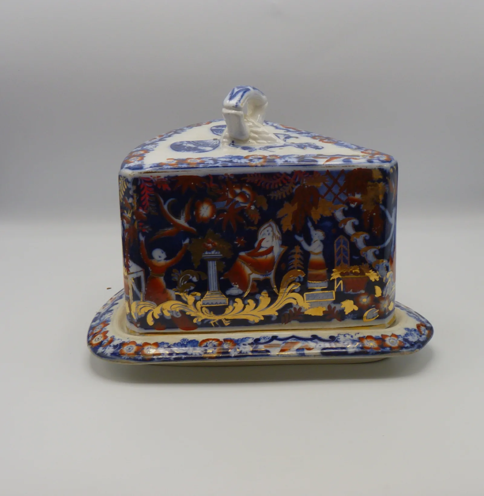 Stunning Flow Blue Polychrome Victorian Cheese Dish -Wedge Shape - Image 11