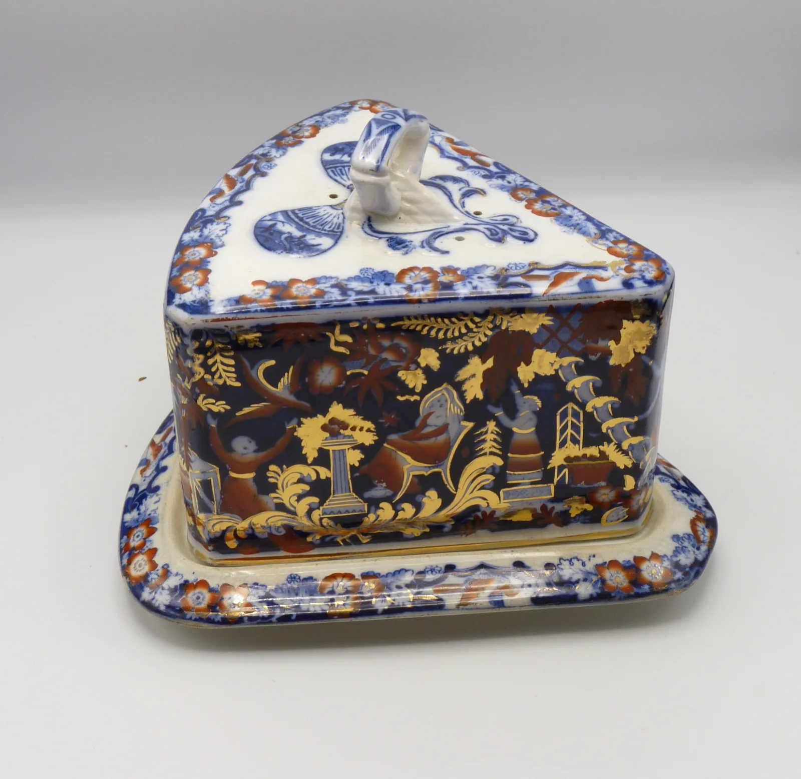 Stunning Flow Blue Polychrome Victorian Cheese Dish -Wedge Shape - Image 10