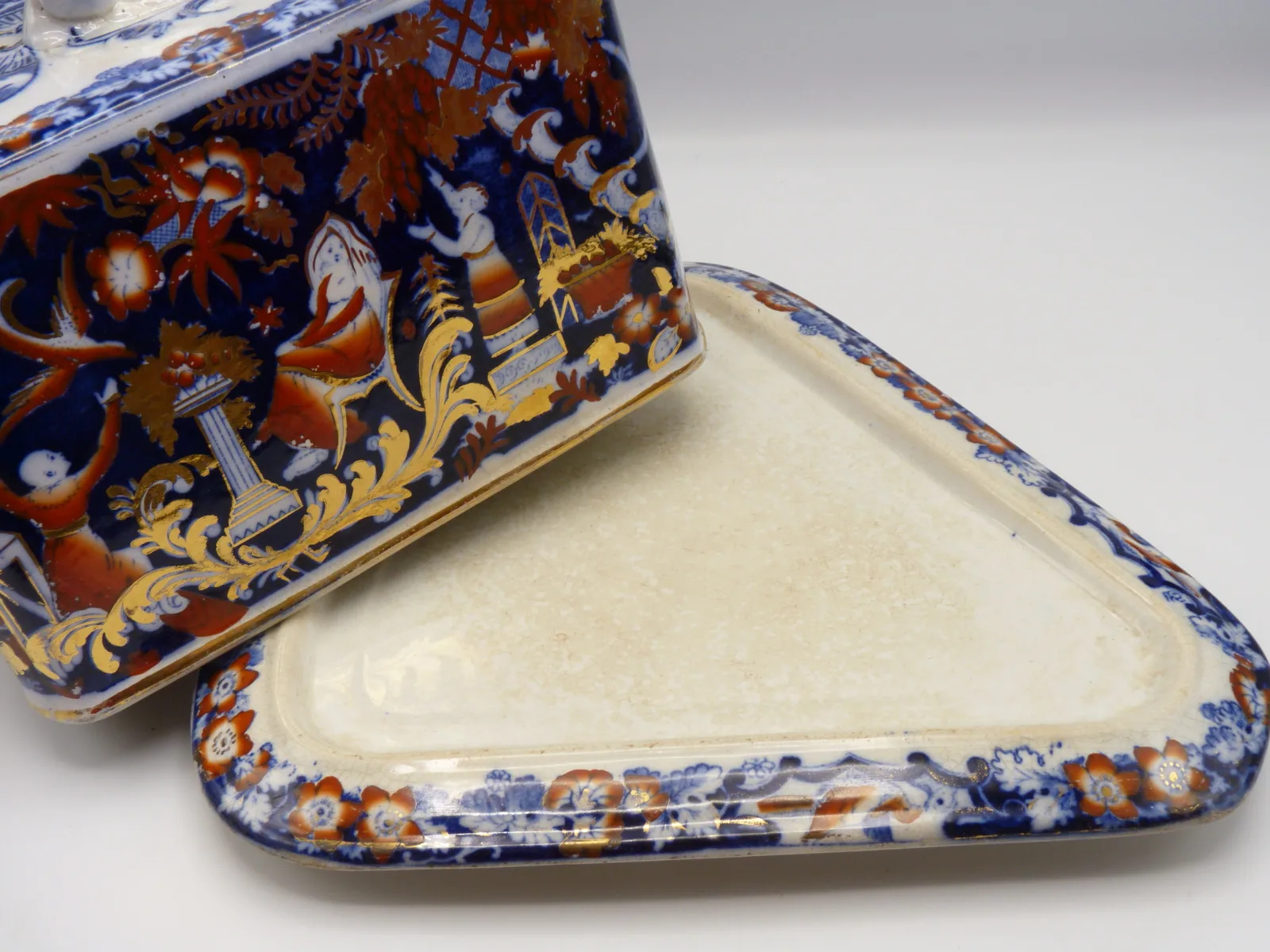 Stunning Flow Blue Polychrome Victorian Cheese Dish -Wedge Shape - Image 9