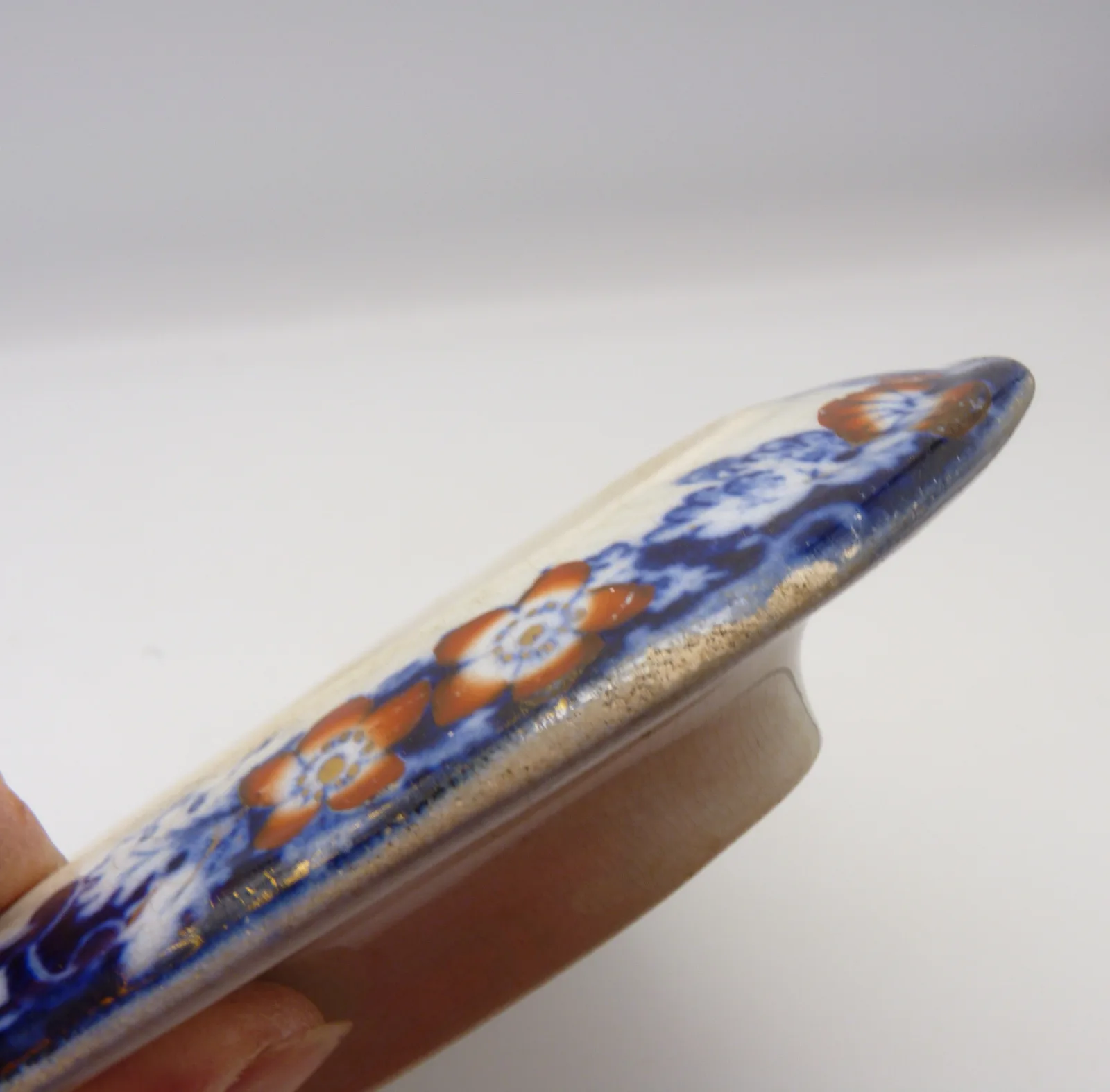 Stunning Flow Blue Polychrome Victorian Cheese Dish -Wedge Shape - Image 8