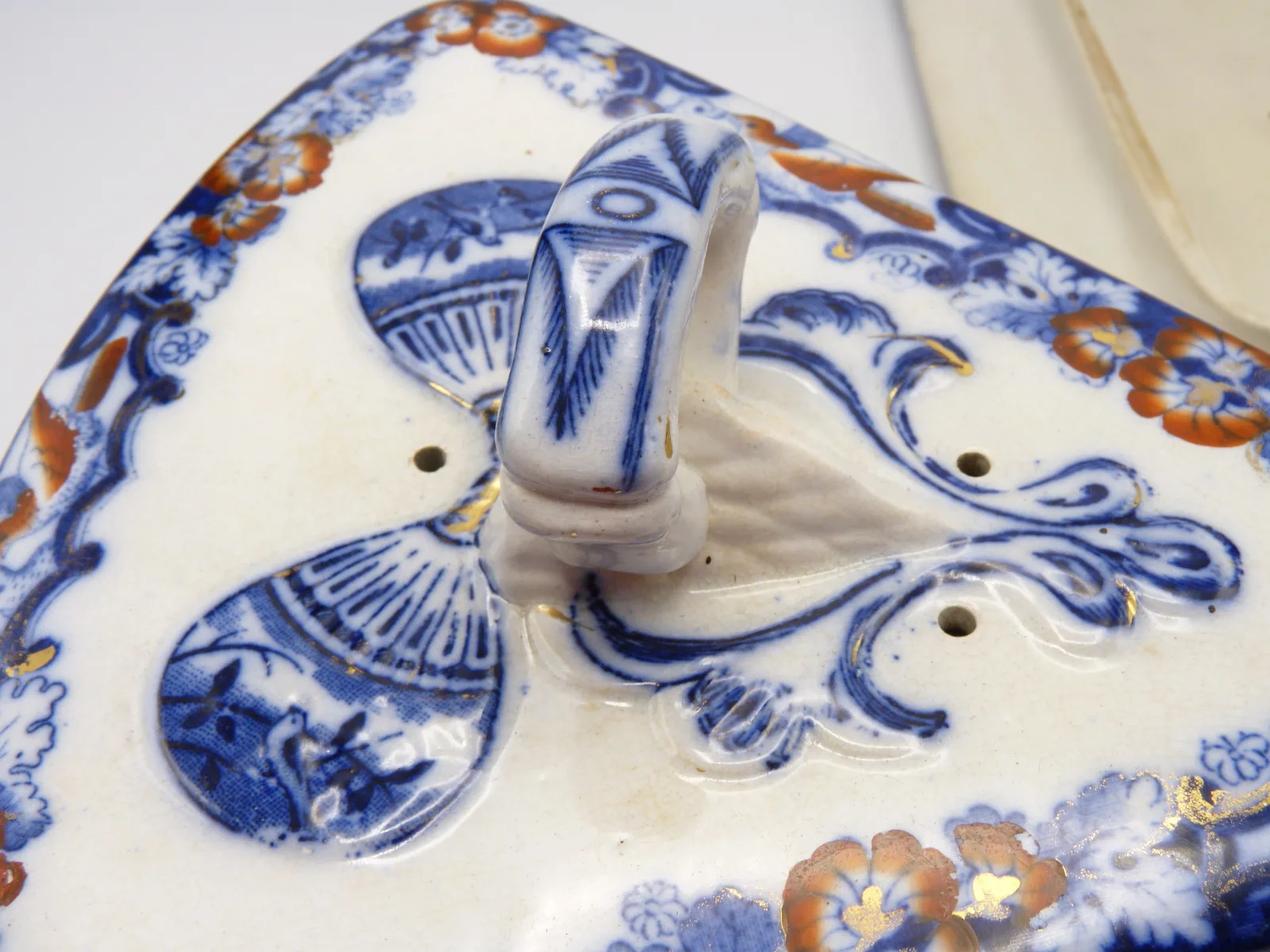 Stunning Flow Blue Polychrome Victorian Cheese Dish -Wedge Shape - Image 6