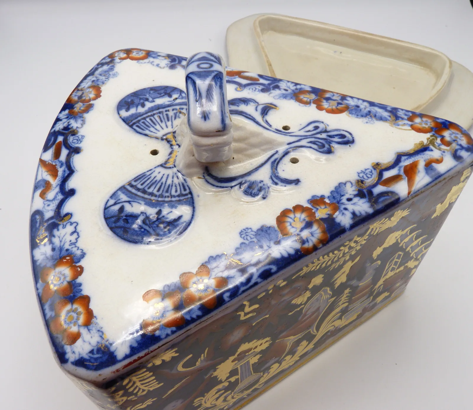 Stunning Flow Blue Polychrome Victorian Cheese Dish -Wedge Shape - Image 5