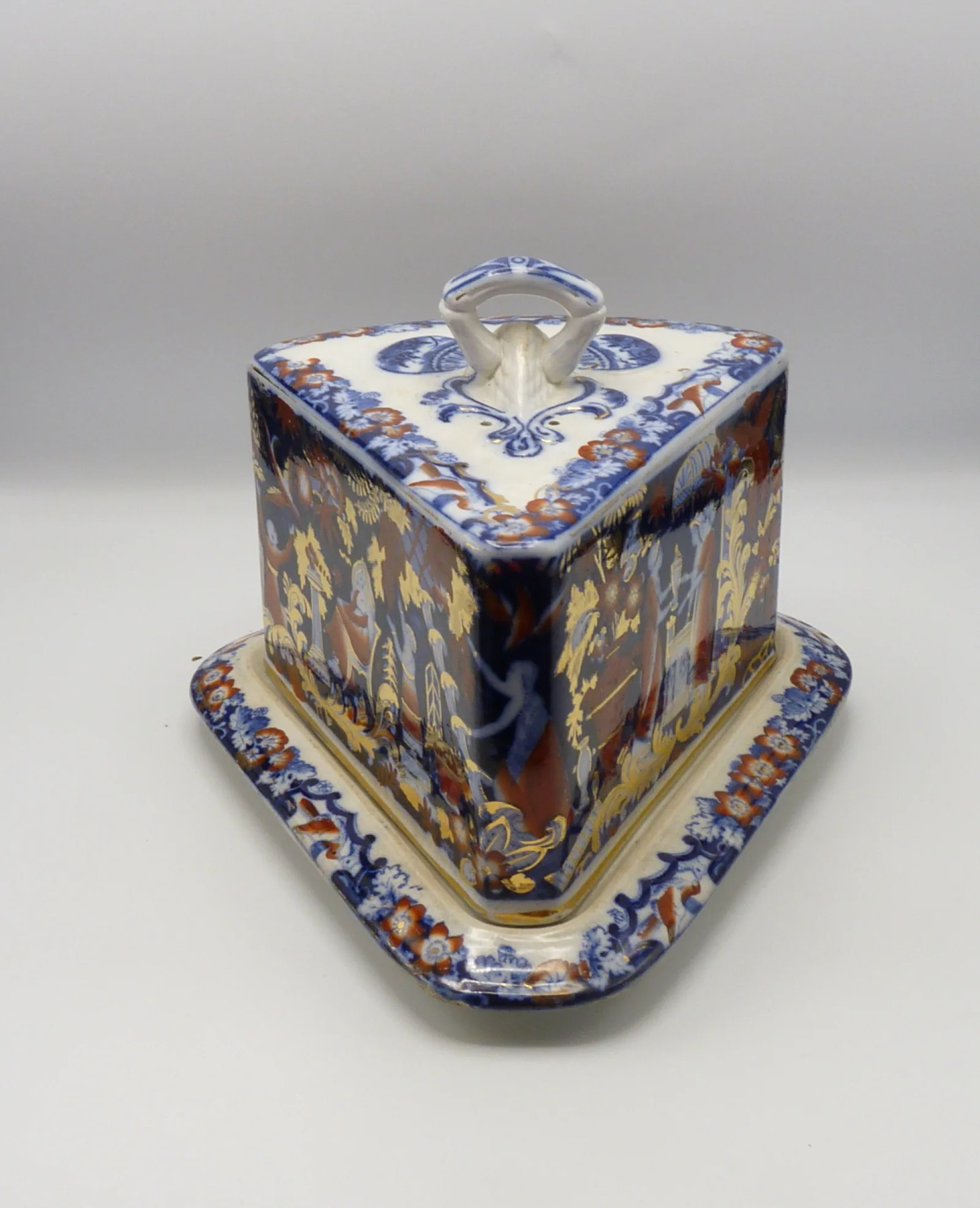 Stunning Flow Blue Polychrome Victorian Cheese Dish -Wedge Shape - Image 2