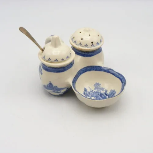Blue & White Condiment Set with Mustard Spoon