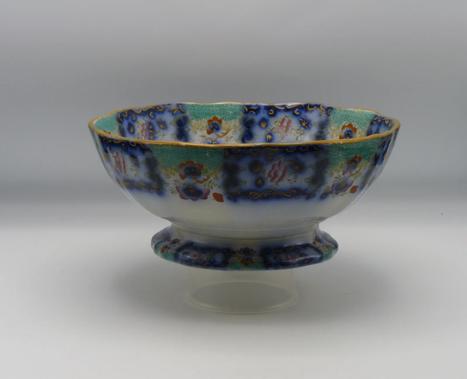 Samuel Alcock - Flow Blue Polychrome Footed Bowl -