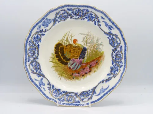 Flow Blue Polychrome Hand Painted Turkey Plates