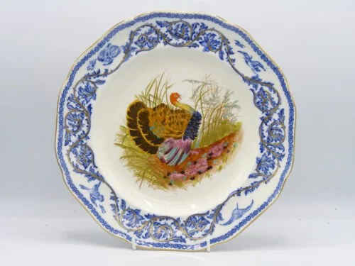 Flow Blue Polychrome Hand Painted Turkey Plates - Image 11