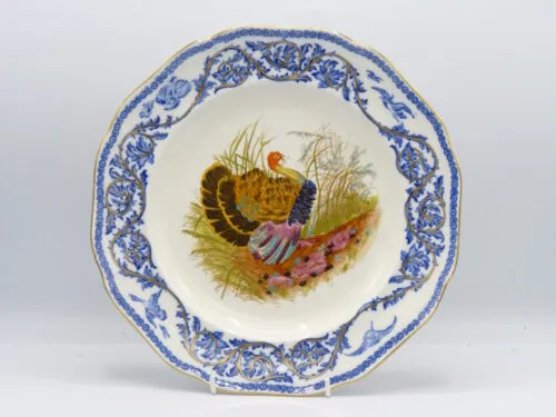 Flow Blue Polychrome Hand Painted Turkey Plates - Image 10