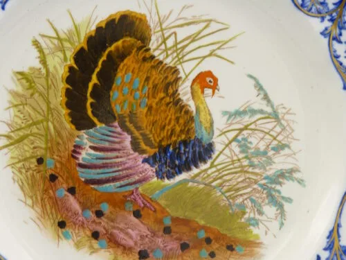 Flow Blue Polychrome Hand Painted Turkey Plates - Image 4