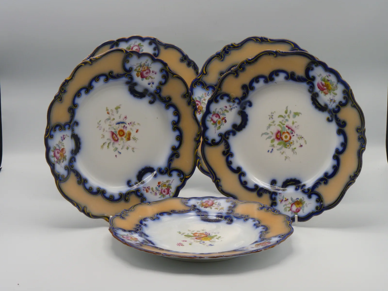 Pretty Flow Blue and Peach Ground Dessert Plate - Note Price Quoted Is For 1 Plate