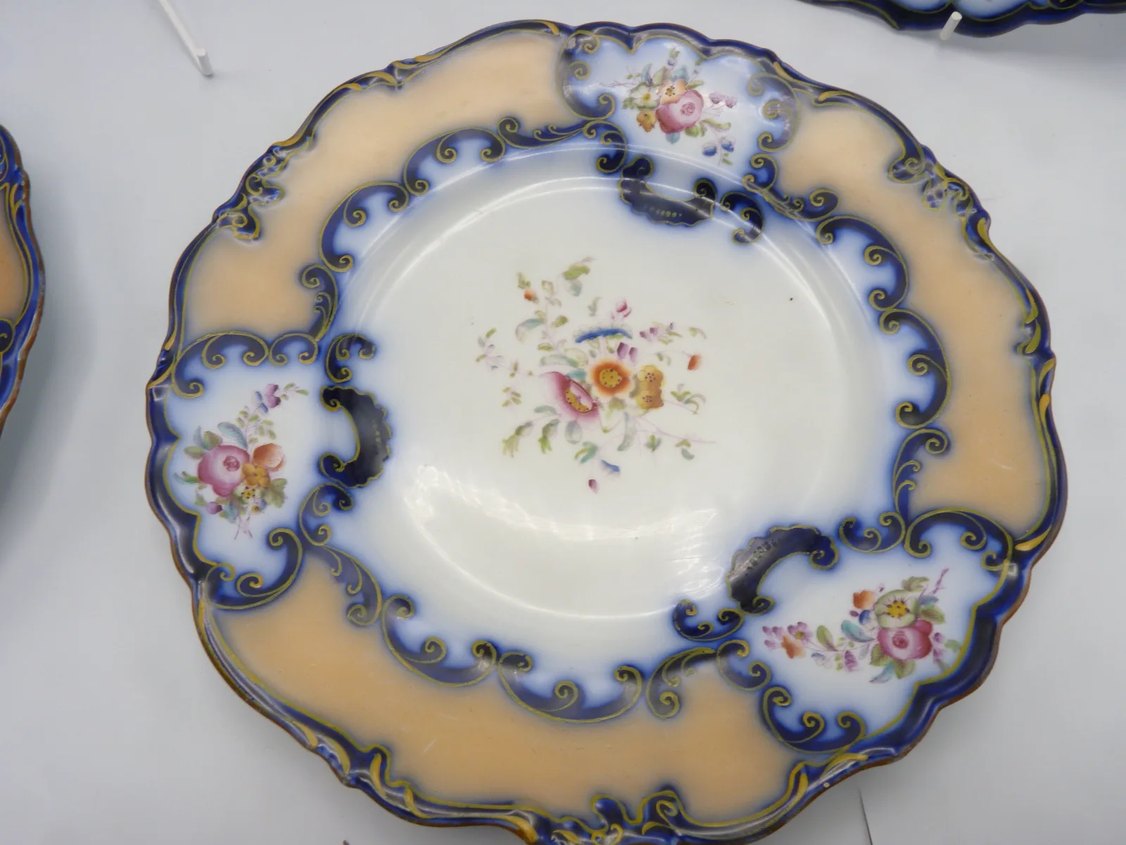 Pretty Flow Blue and Peach Ground Dessert Plate - Note Price Quoted Is For 1 Plate - Image 12