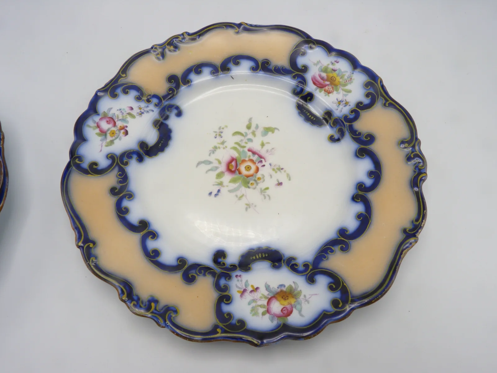 Pretty Flow Blue and Peach Ground Dessert Plate - Note Price Quoted Is For 1 Plate - Image 11