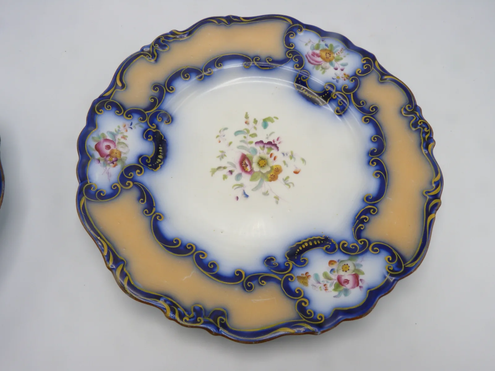 Pretty Flow Blue and Peach Ground Dessert Plate - Note Price Quoted Is For 1 Plate - Image 9