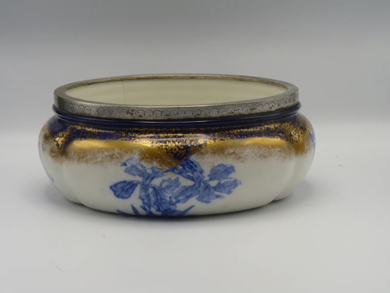 Flow Blue Doulton Salad Bowl - Silver Plated Rim