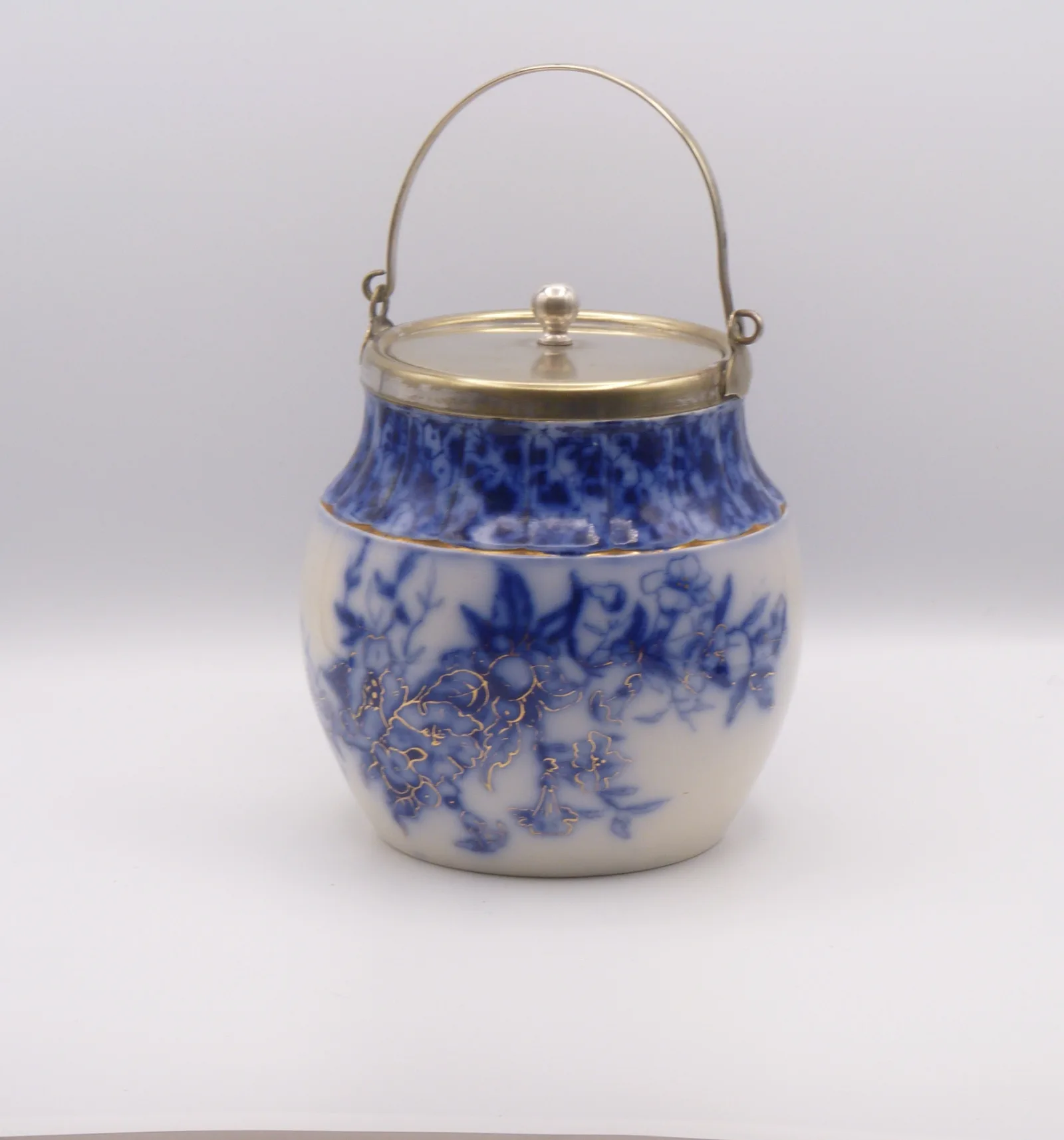 Flow Blue Biscuit Barrel – Silver Plated Fitments