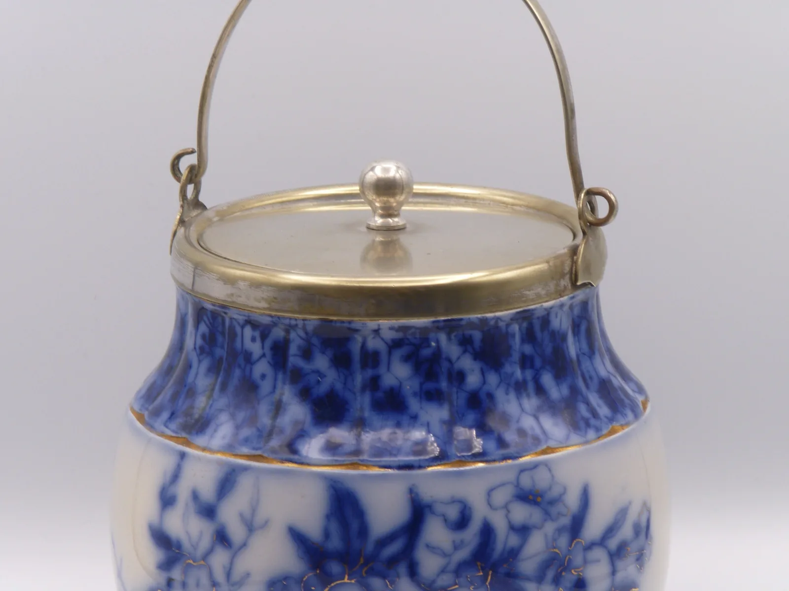 Flow Blue Biscuit Barrel – Silver Plated Fitments - Image 6