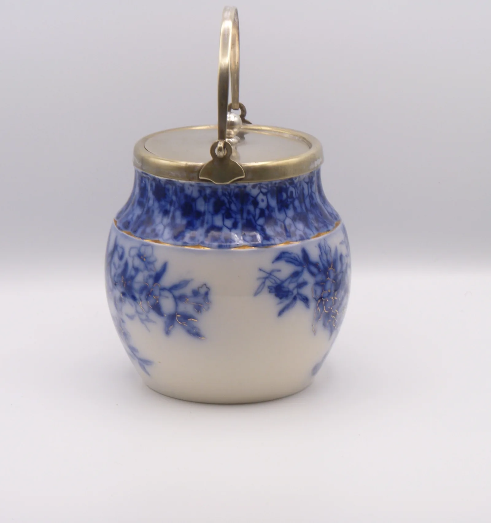 Flow Blue Biscuit Barrel – Silver Plated Fitments - Image 2