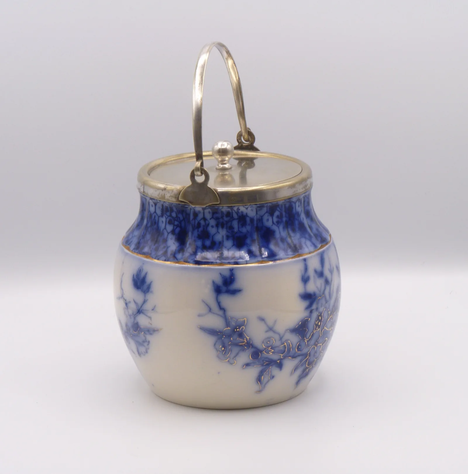 Flow Blue Biscuit Barrel – Silver Plated Fitments - Image 4