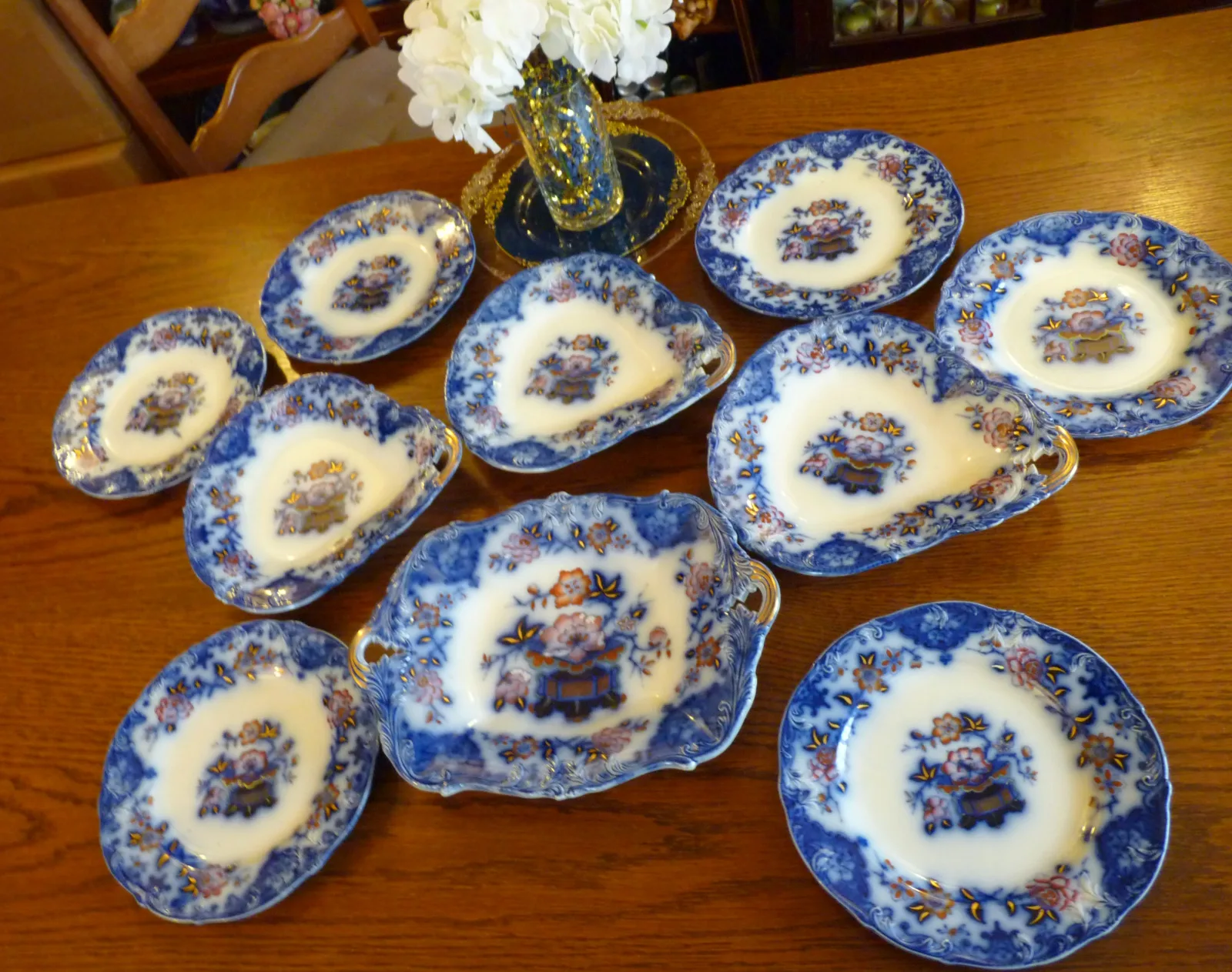 Wonderful Flow Blue & Polychrome Dessert Service - Image 38