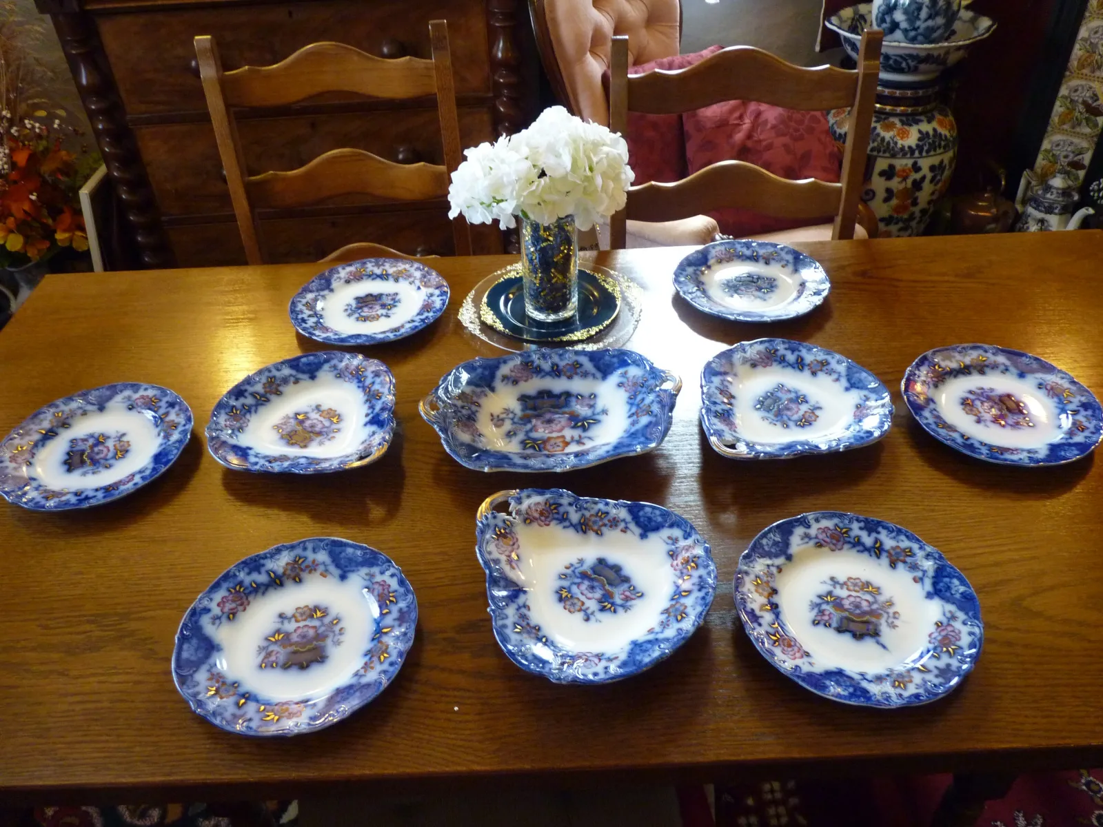 Wonderful Flow Blue & Polychrome Dessert Service
