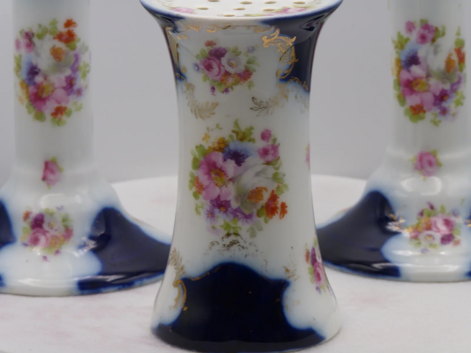 Pair of Candlesticks and Hat Pin Holder - Cobalt Blue & Pink Flowers - Image 2