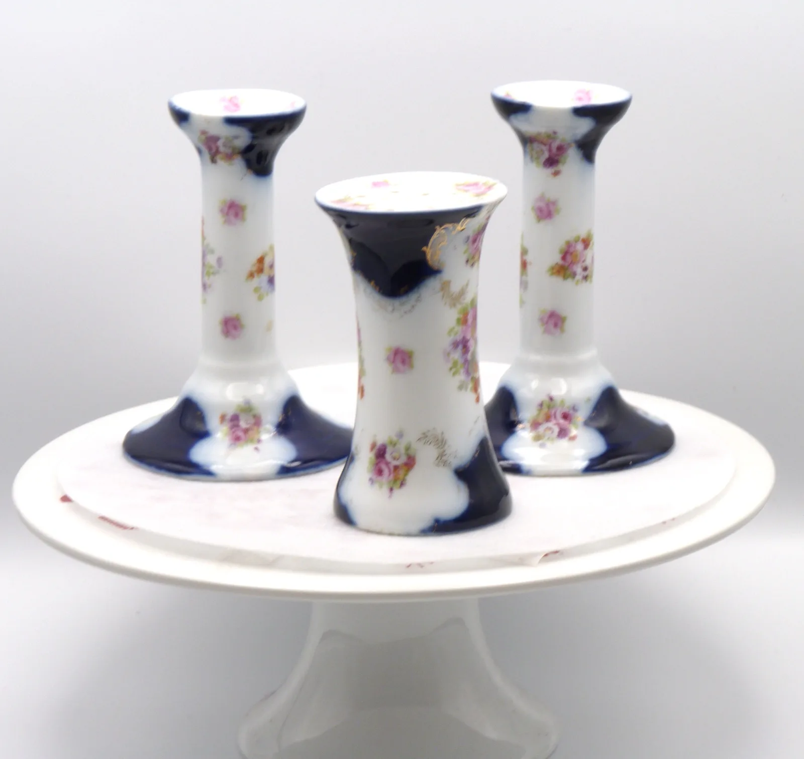 Pair of Candlesticks and Hat Pin Holder - Cobalt Blue & Pink Flowers