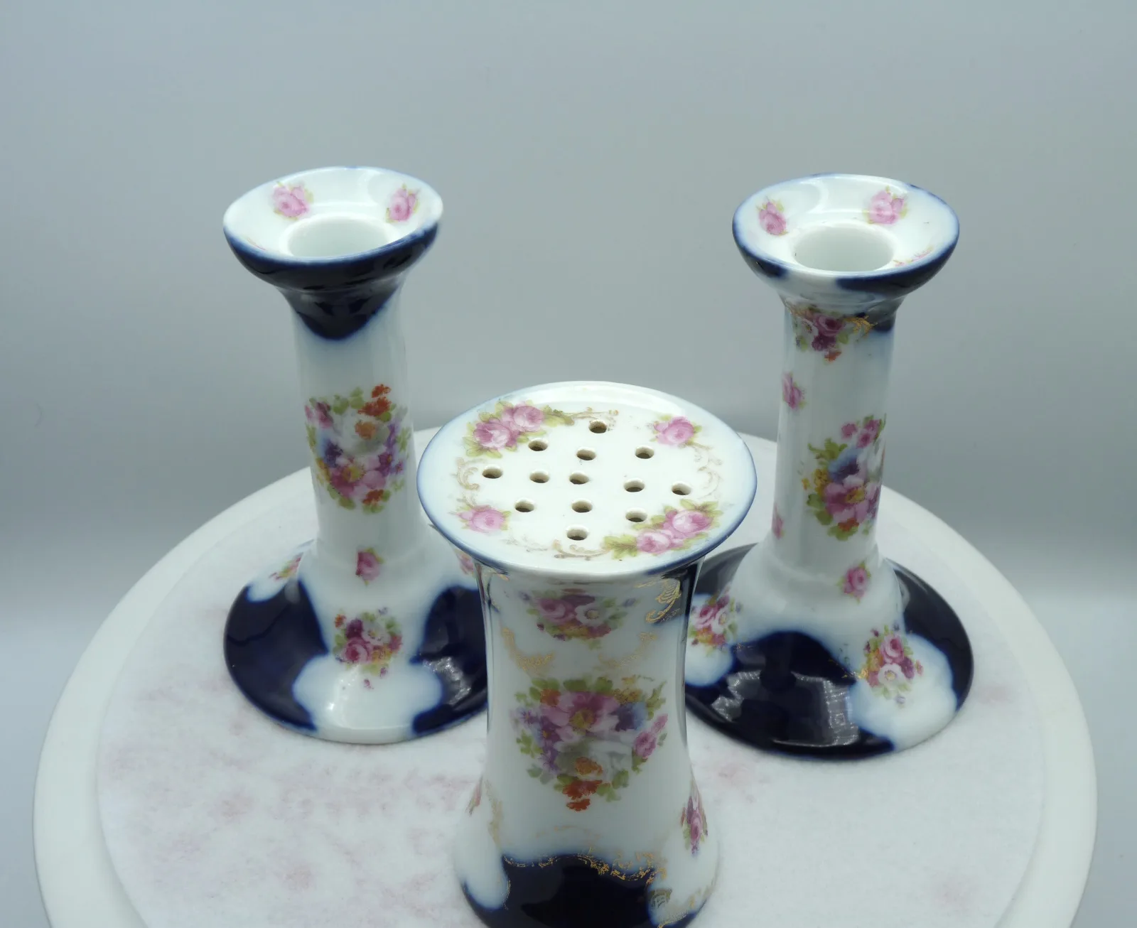 Pair of Candlesticks and Hat Pin Holder - Cobalt Blue & Pink Flowers - Image 3