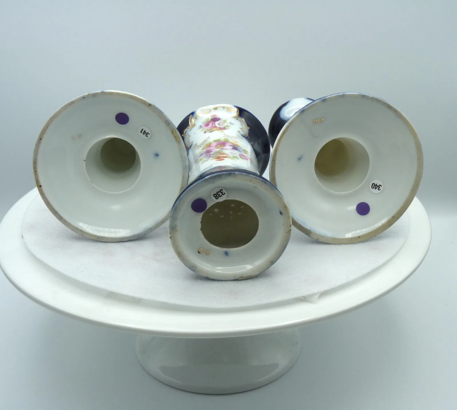 Pair of Candlesticks and Hat Pin Holder - Cobalt Blue & Pink Flowers - Image 4