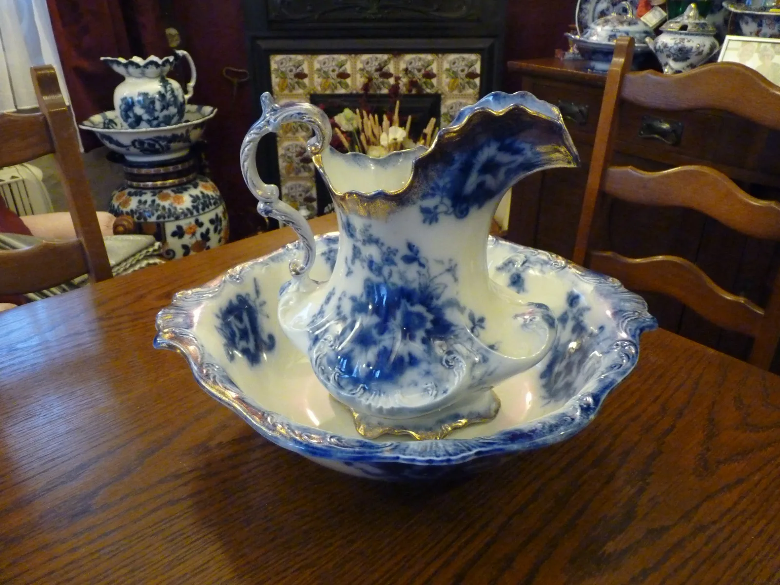 Flow Blue with Gold Sponged Rims - Wash Jug and Bowl - Grindley -