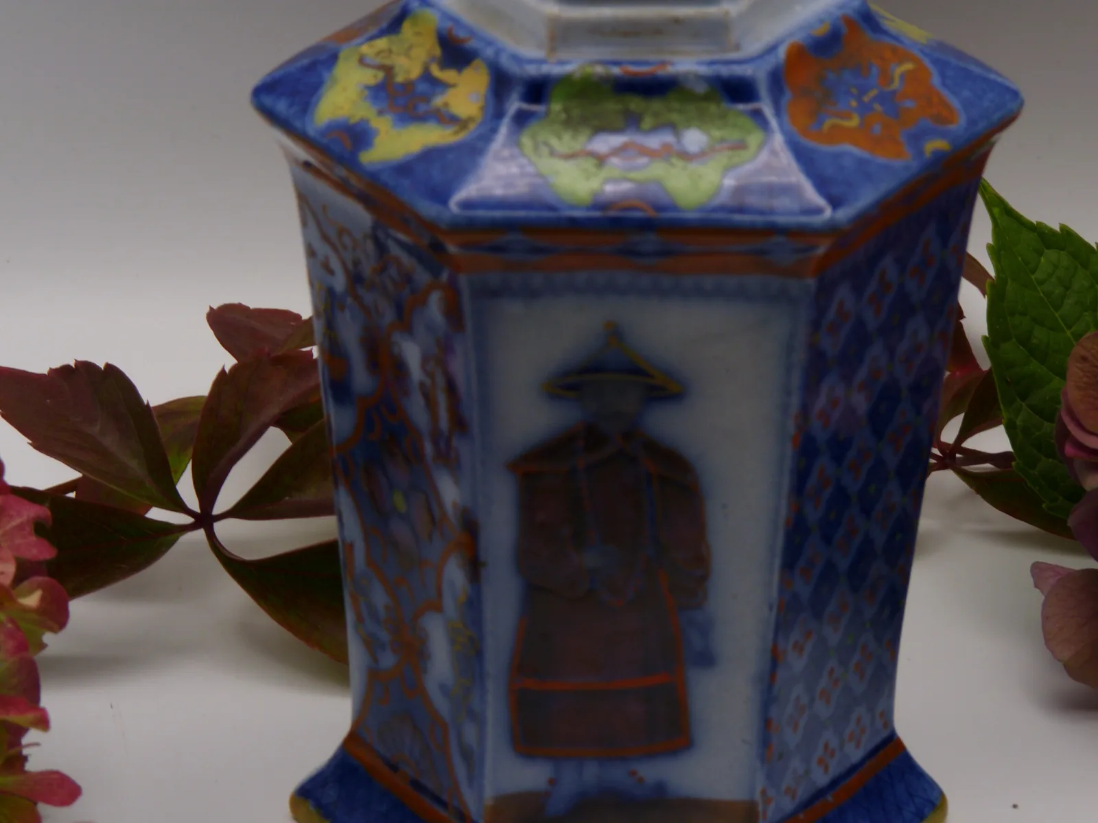 Flow Blue & Polychrome Oriental Design 6 Paneled – Tea Jar - - Image 2