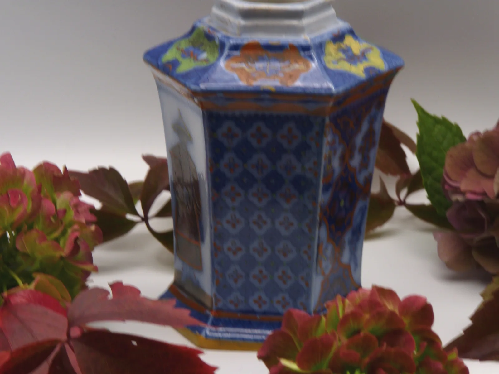 Flow Blue & Polychrome Oriental Design 6 Paneled – Tea Jar - - Image 12