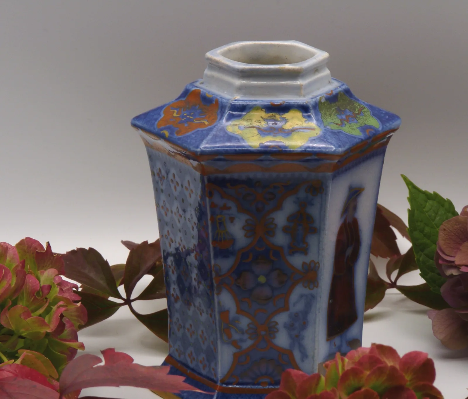 Flow Blue & Polychrome Oriental Design 6 Paneled – Tea Jar - - Image 10