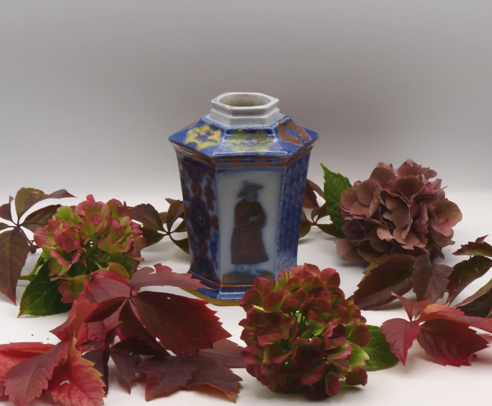 Flow Blue & Polychrome Oriental Design 6 Paneled – Tea Jar - - Image 9