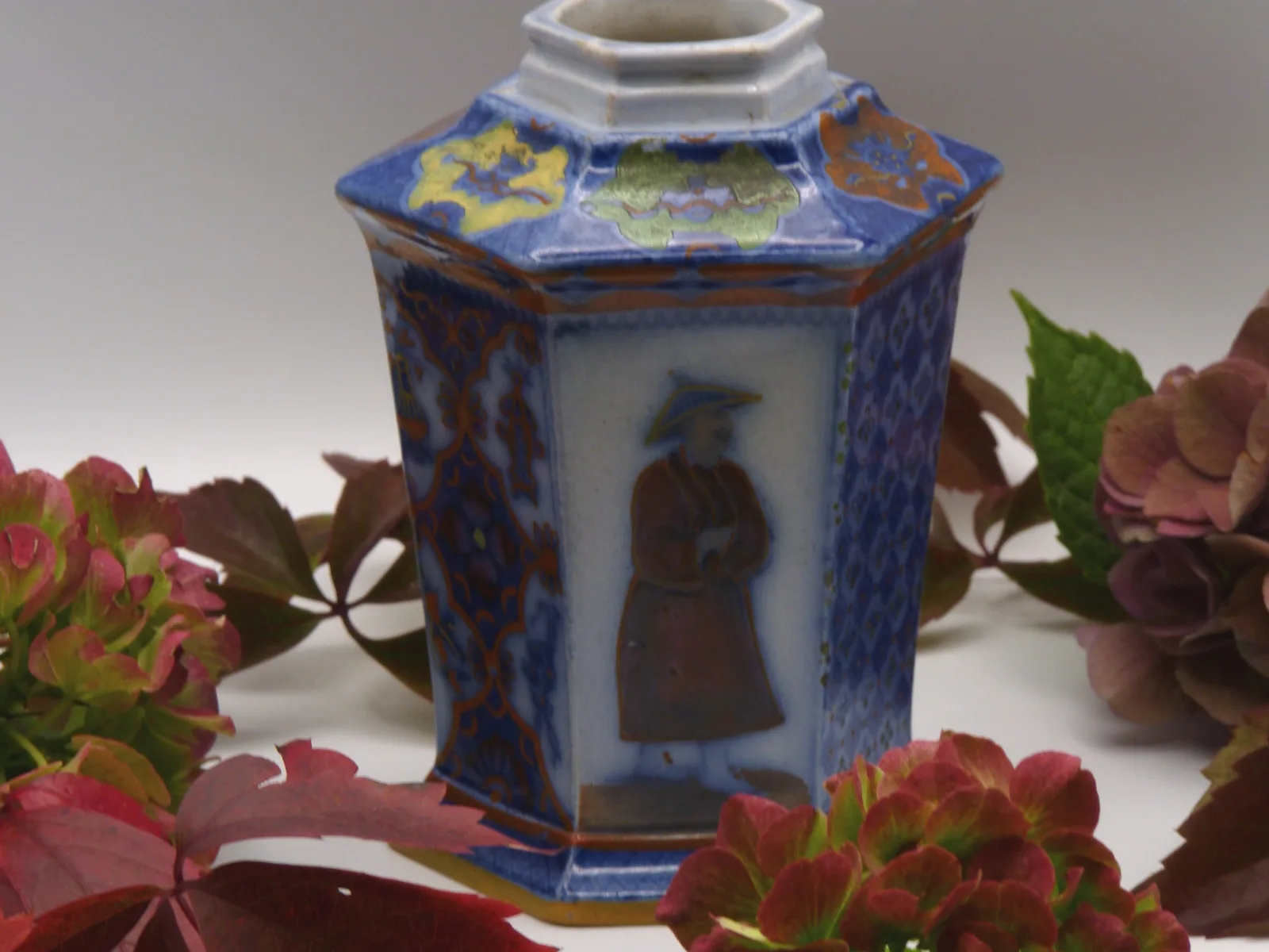 Flow Blue & Polychrome Oriental Design 6 Paneled – Tea Jar - - Image 8