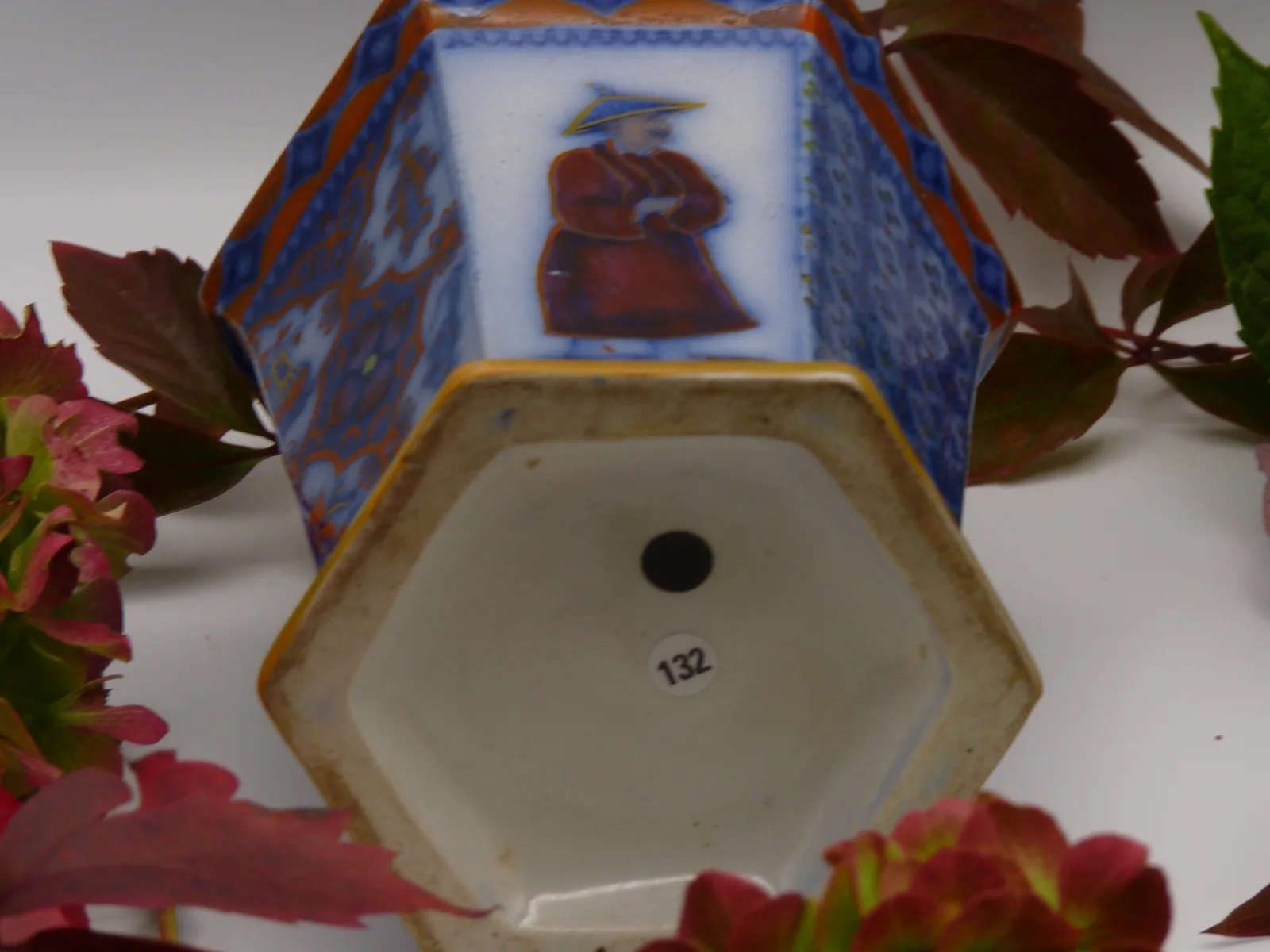 Flow Blue & Polychrome Oriental Design 6 Paneled – Tea Jar - - Image 7