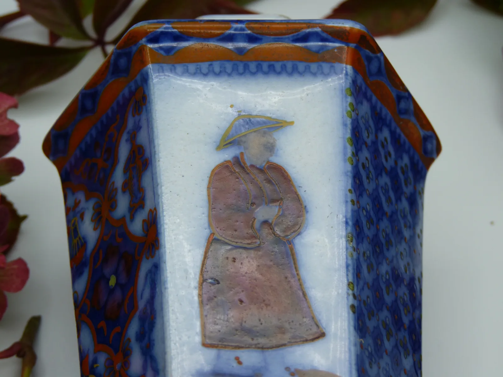 Flow Blue & Polychrome Oriental Design 6 Paneled – Tea Jar - - Image 5