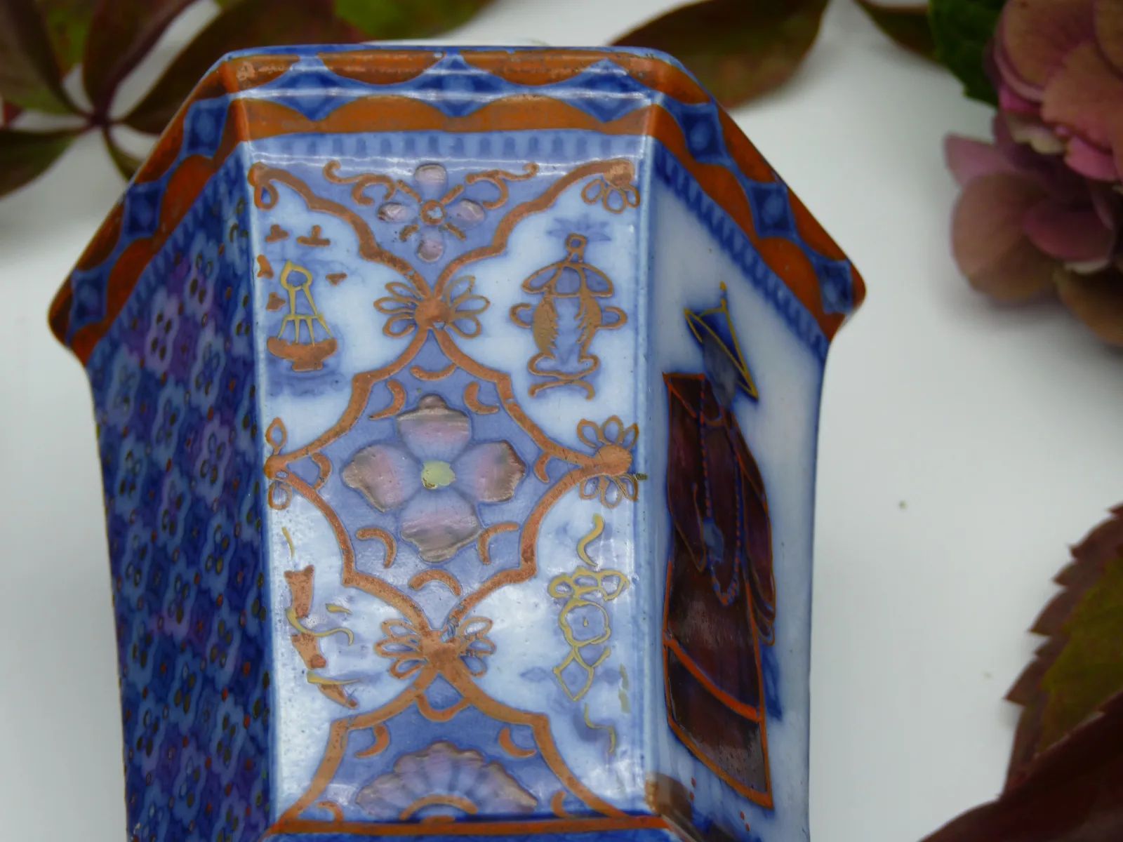 Flow Blue & Polychrome Oriental Design 6 Paneled – Tea Jar - - Image 4