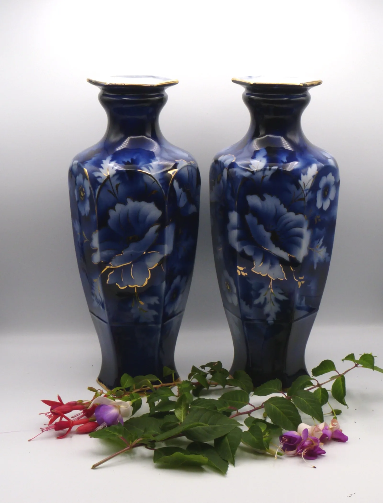 Pair of Tall Flow Blue Vases - Poppies