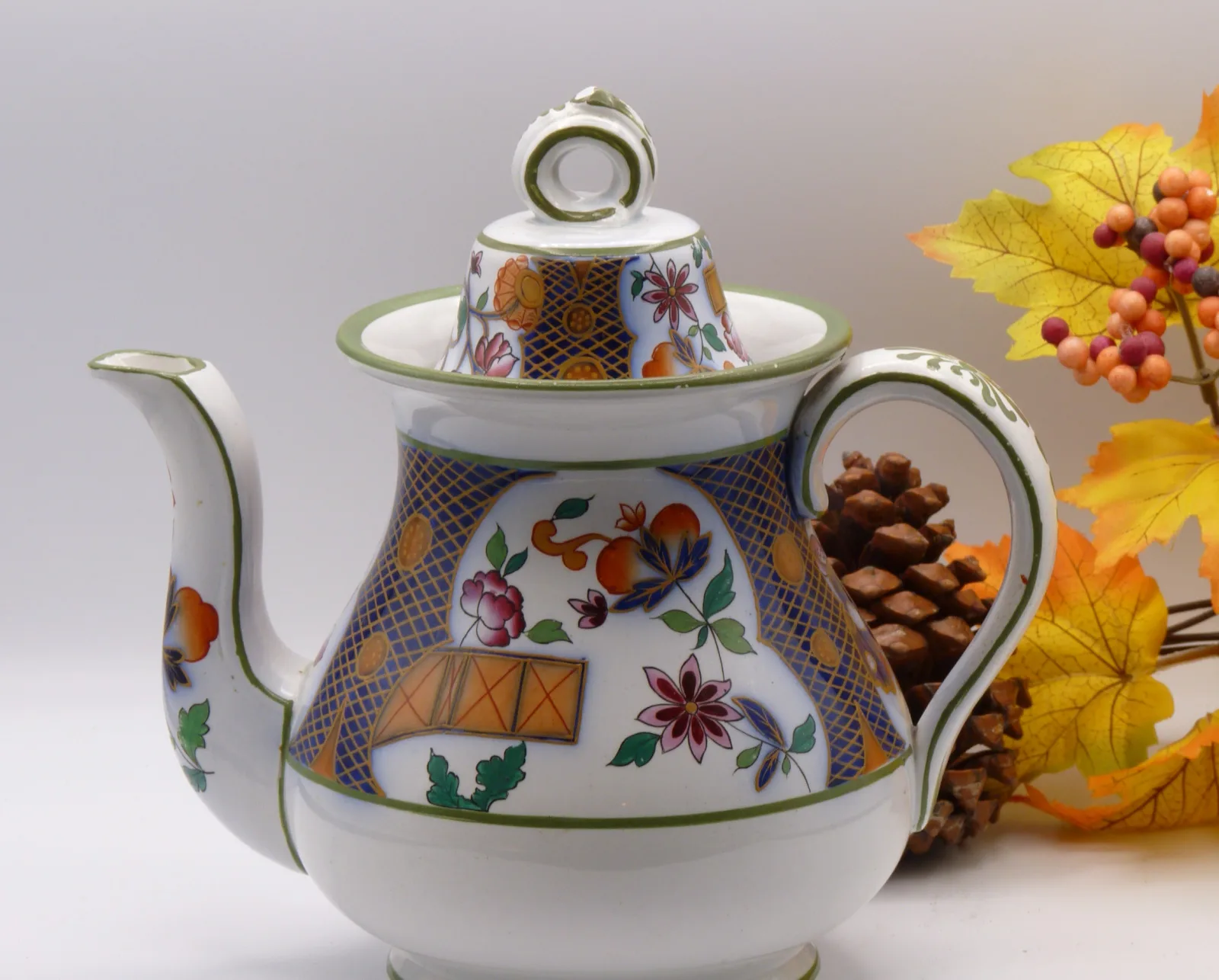 Polychrome with Flow Blue Teapot - Image 12