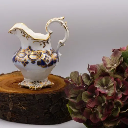 Stunning Victorian Flow Blue Gold Hand Decorated Creamer