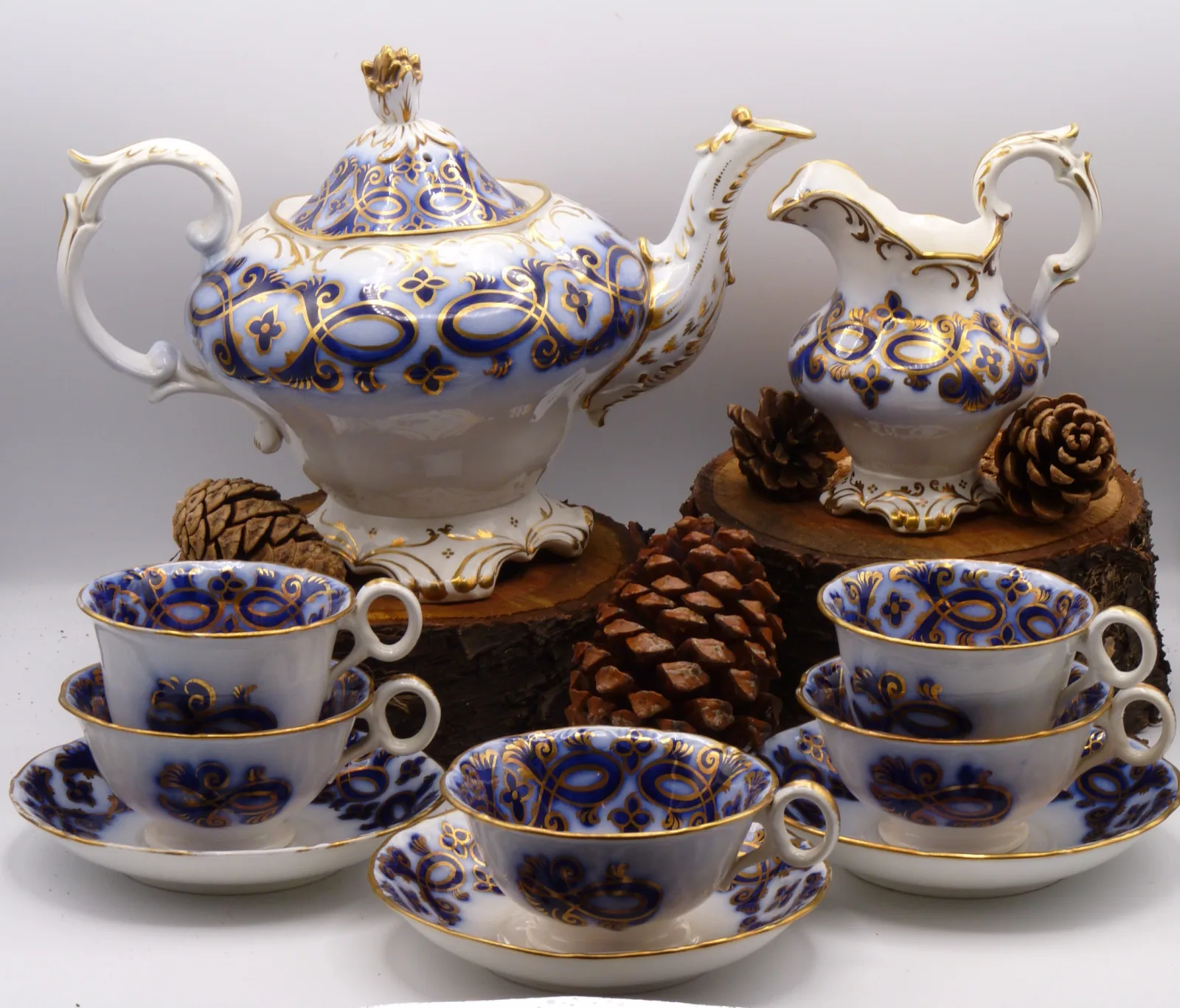 Stunning Victorian Flow Blue Gold Hand Decorated Trio a/f - Image 12