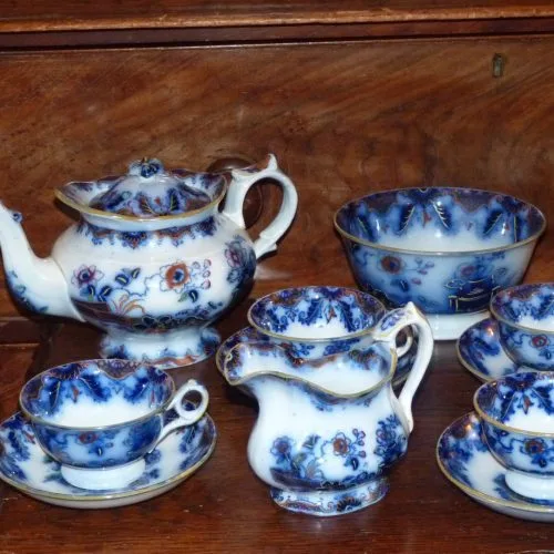 Flow Blue & Polychrome Full Size Teaware including Teapot