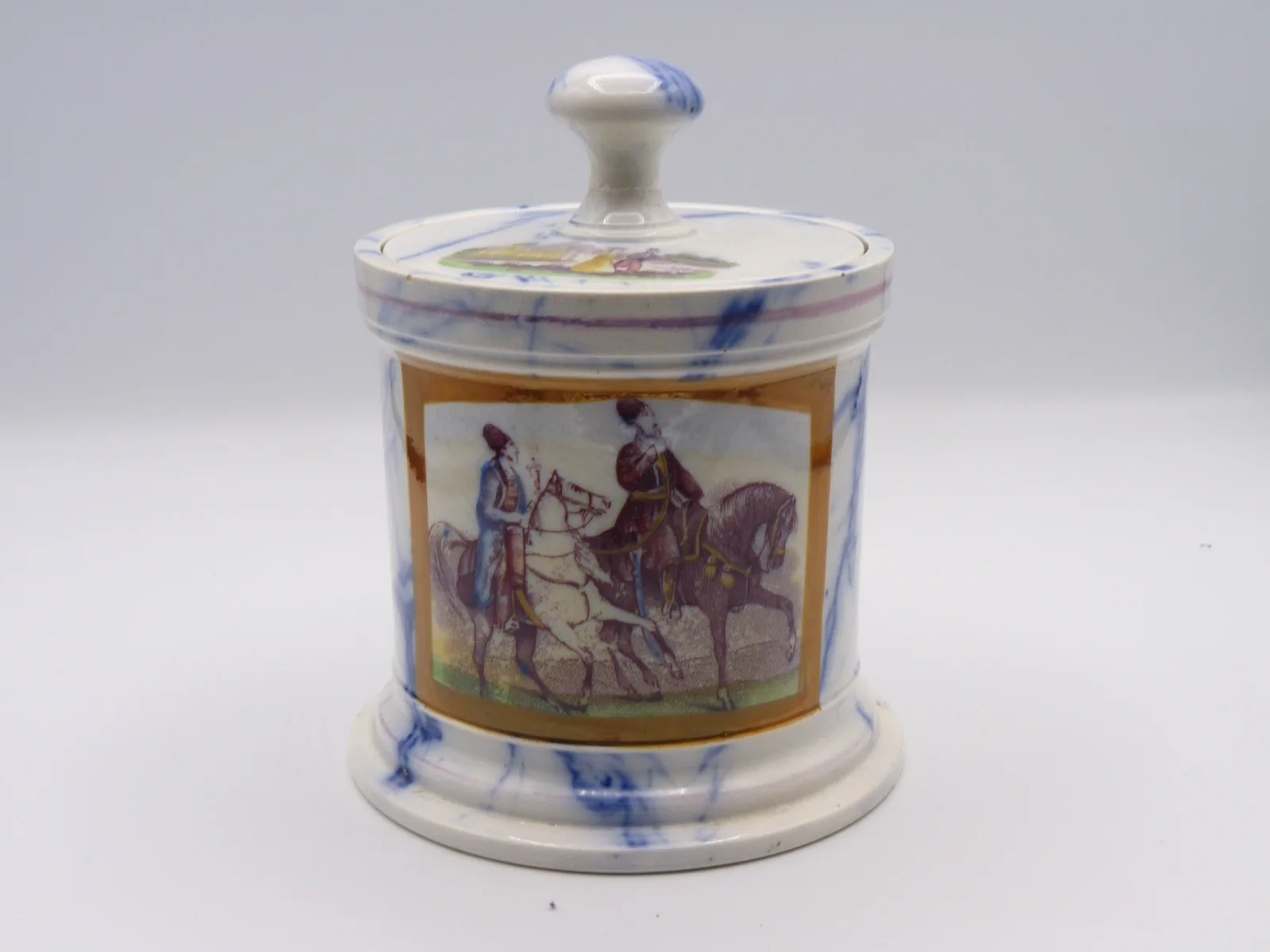 Rare and Unusual Flow Blue Marble & Decal Tobacco Jar