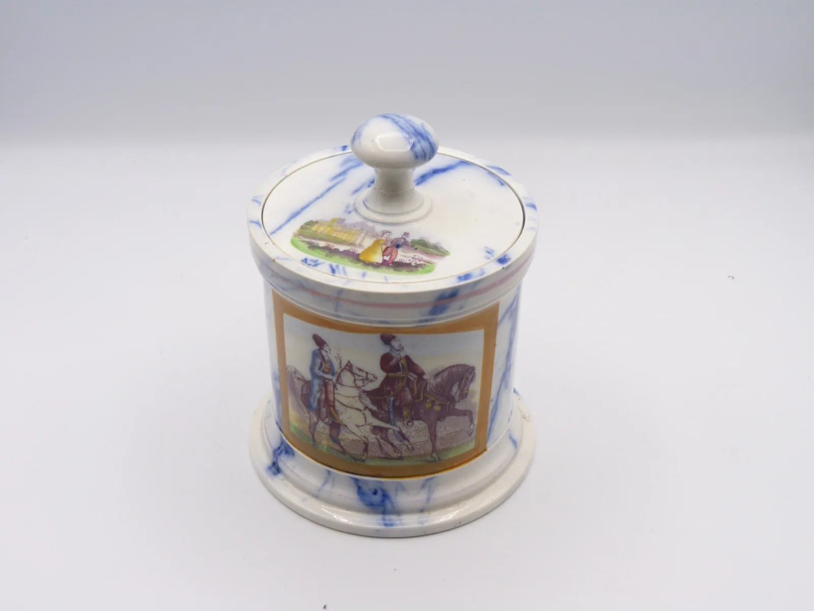 Rare and Unusual Flow Blue Marble & Decal Tobacco Jar - Image 2