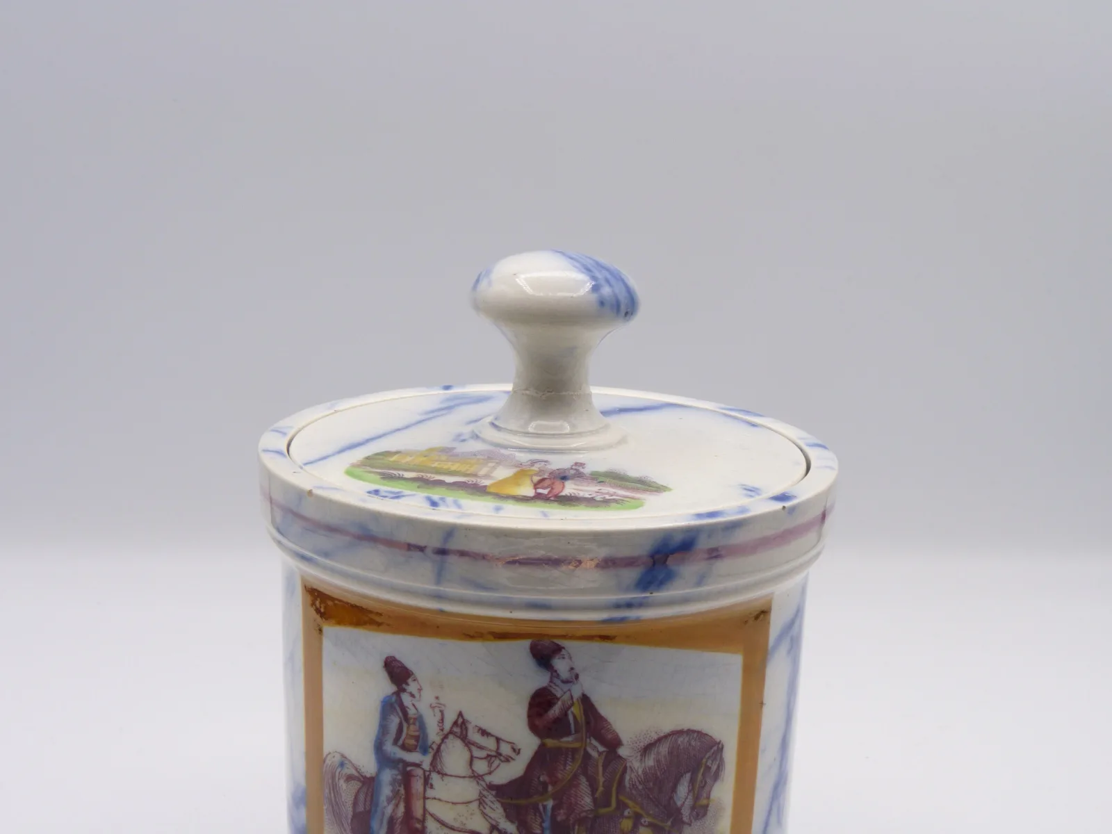 Rare and Unusual Flow Blue Marble & Decal Tobacco Jar - Image 3
