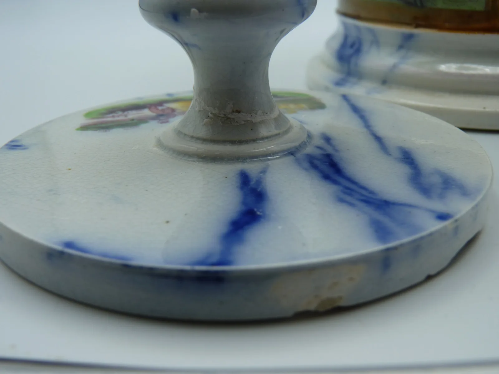 Rare and Unusual Flow Blue Marble & Decal Tobacco Jar - Image 5