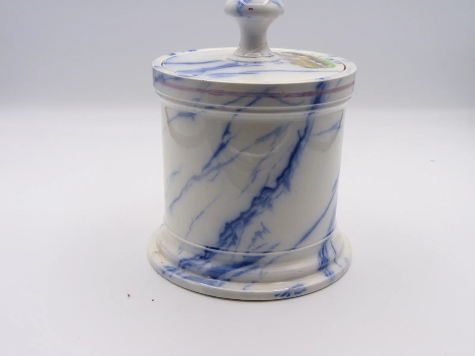 Rare and Unusual Flow Blue Marble & Decal Tobacco Jar - Image 7