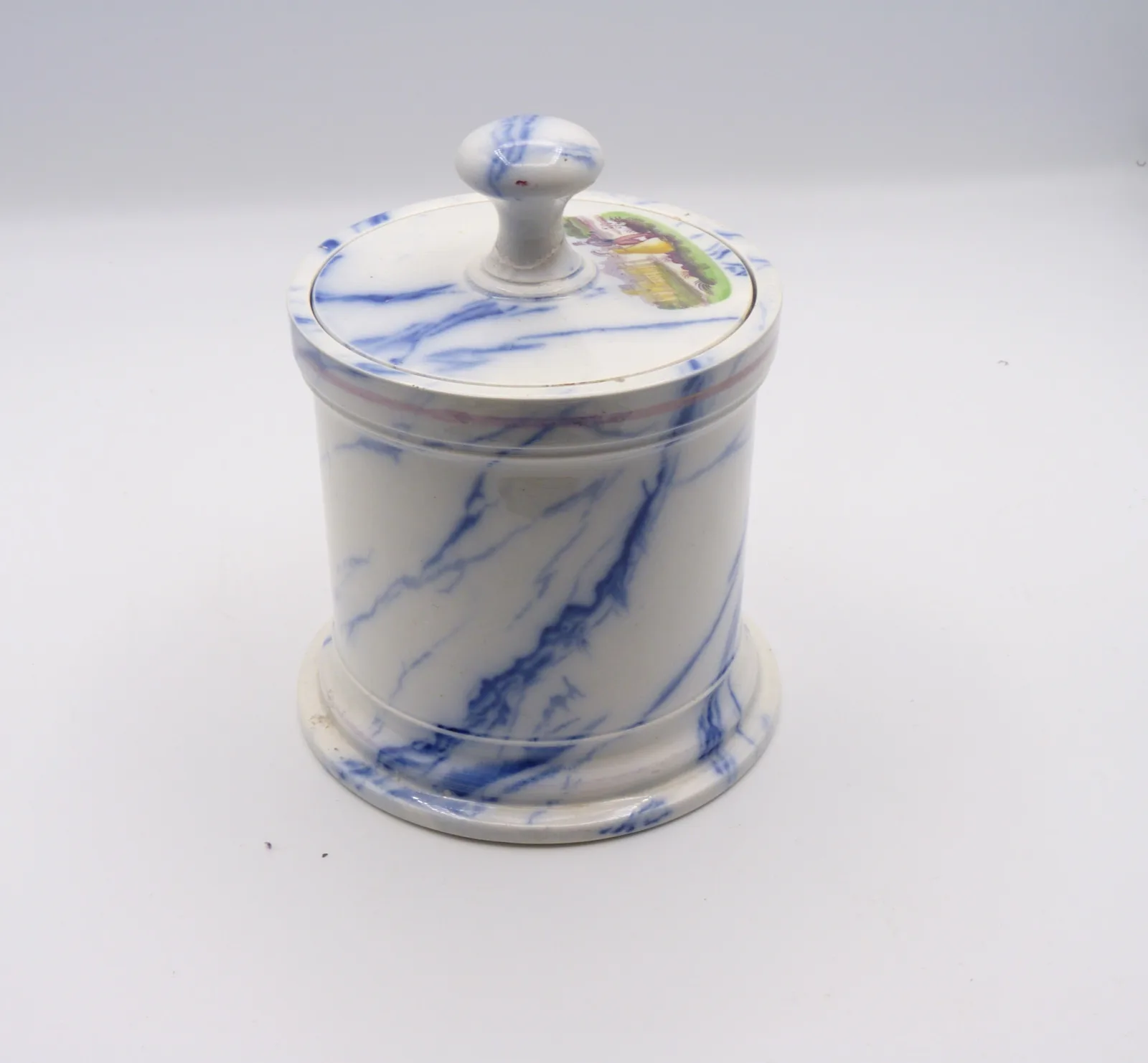 Rare and Unusual Flow Blue Marble & Decal Tobacco Jar - Image 8